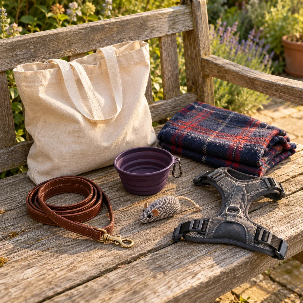 A canvas tote, leather lead, purple bowl, plaid blanket, mouse toy and grey harness on a weathered cedar bench