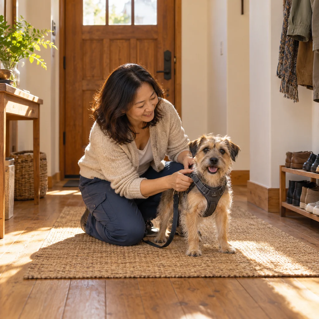 A woman fits a padded car harness on a scruffy tan terrier by a wooden front door and boot rack