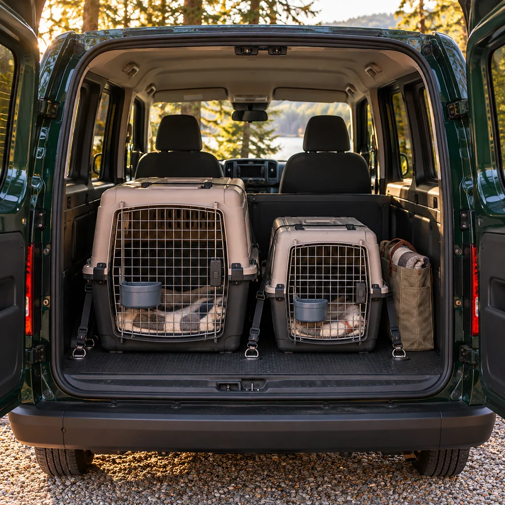Two travel crates with blankets and water bowls are secured with straps inside the open rear doors of a dark green van