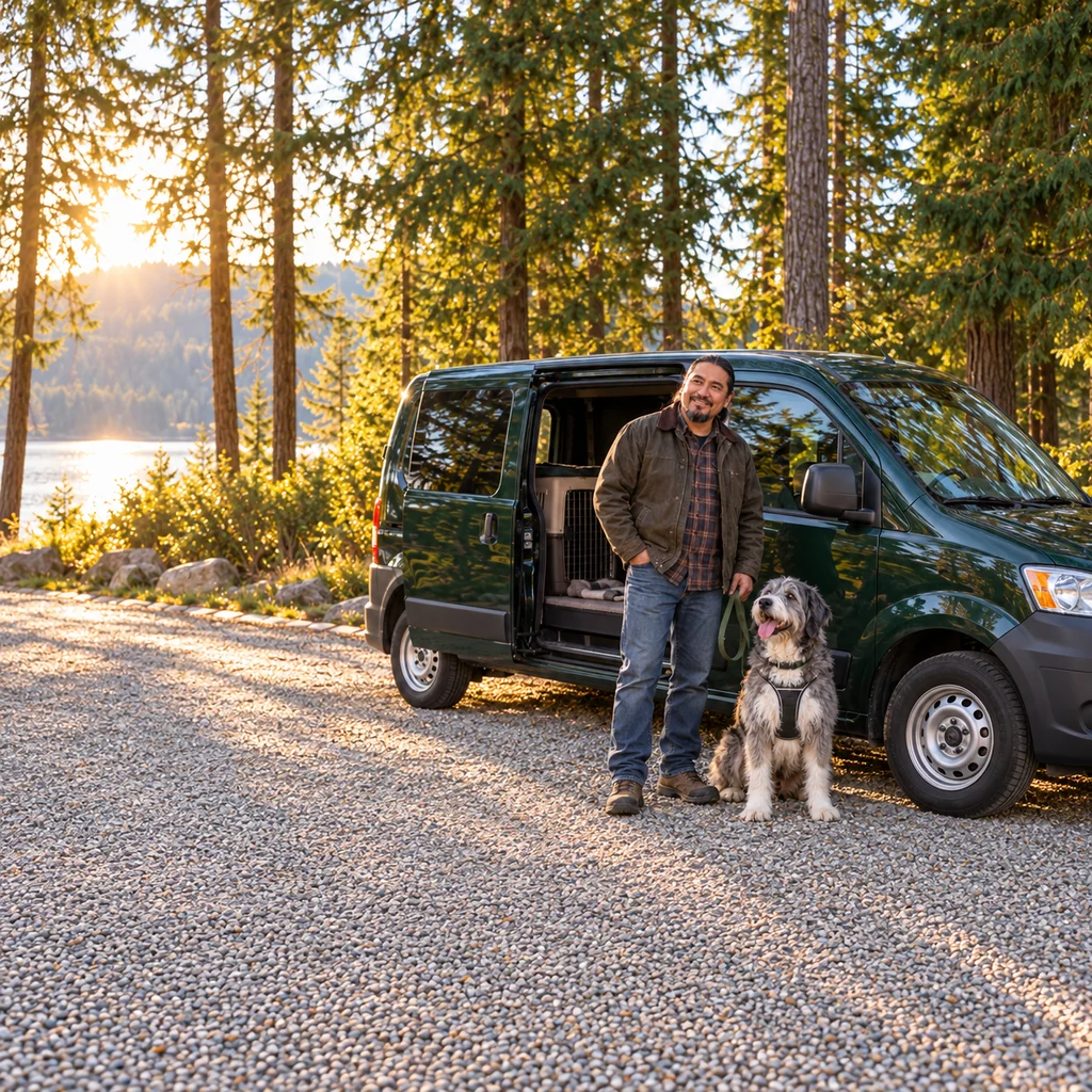 A driver and a shaggy grey-and-white dog in a harness beside a dark green compact van on a cedar-lined gravel driveway