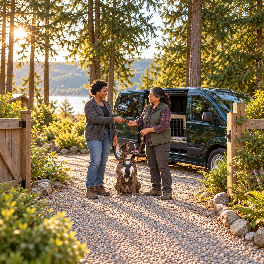 An owner hands a lead to a driver in a quilted vest while a brindle boxer waits at a timber gate beside a green van