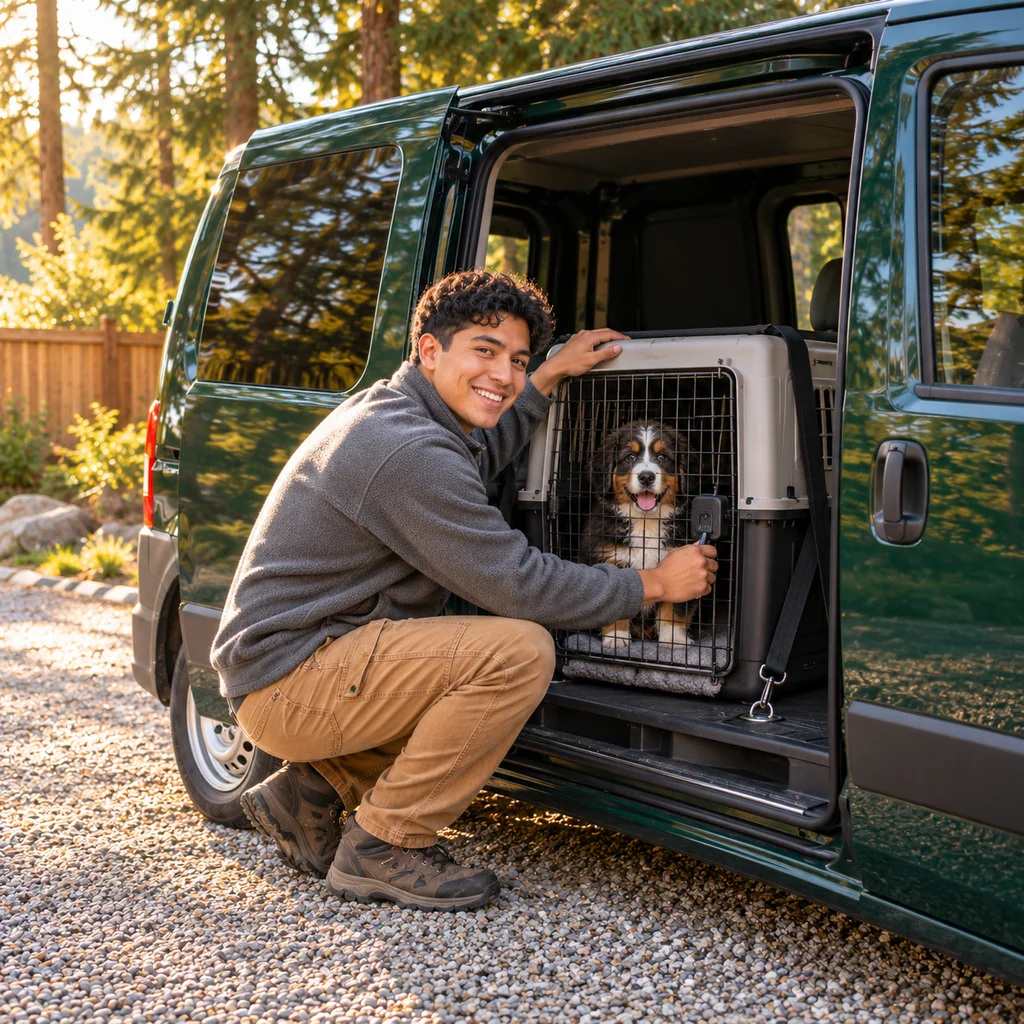 A young driver latches a strapped travel crate holding a fluffy puppy at the side door of a dark green van