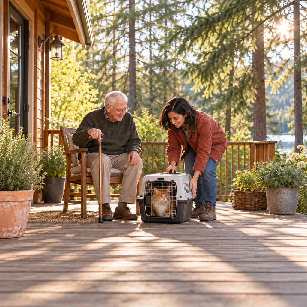 A driver sets down a closed carrier holding a ginger cat beside an older man with a cane on a timber porch