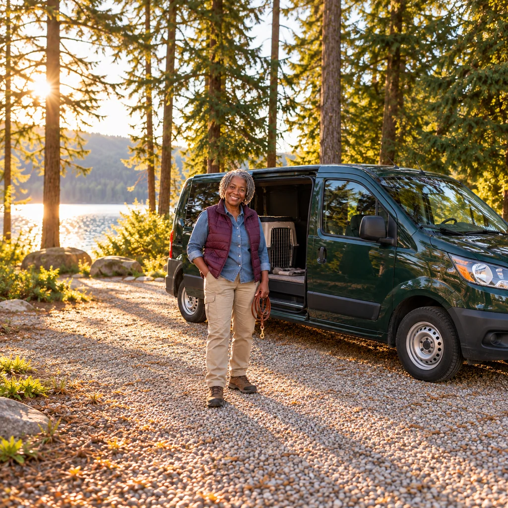 A smiling driver with short grey locs holds a coiled lead beside a dark green compact van under cedar trees