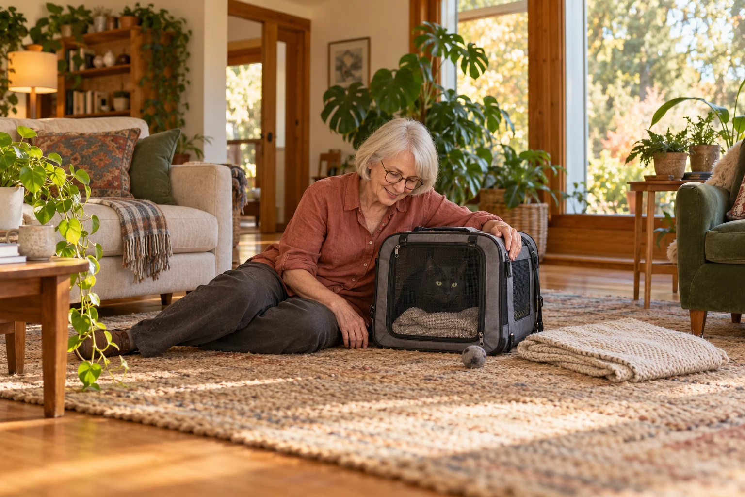 A grey-haired woman sits beside a black cat in a closed mesh carrier on a wool rug in a plant-filled living room